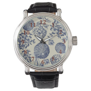 Montre Flore d'impression florale de fleurs bleues antiqu