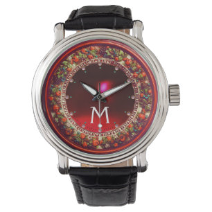 MONTRE FLORENTINE ROUGE VERT FLORAL COURONNE RUBY MONOGRA