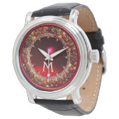 MONTRE FLORENTINE ROUGE VERT FLORAL COURONNE RUBY MONOGRA (Incliné)