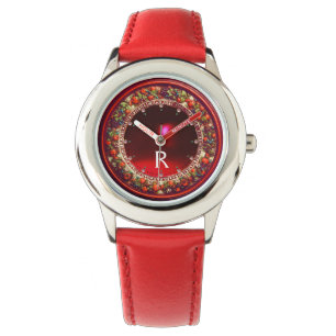 MONTRE FLORENTINE ROUGE VERT FLORAL COURONNE RUBY MONOGRA