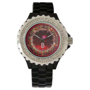 MONTRE FLORENTINE ROUGE VERT FLORAL COURONNE RUBY MONOGRA