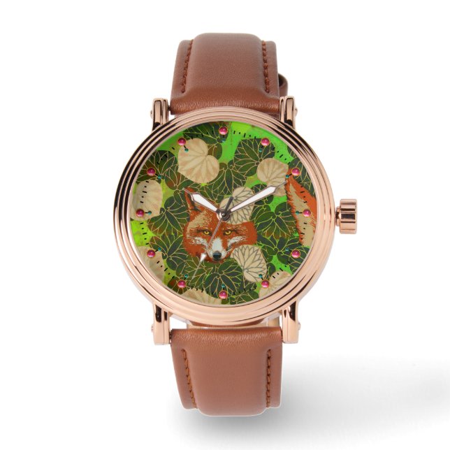 MONTRE FOX ROUGE PARMI LES FEUILLES VERTS ET LE FOLIAGE (Recto)