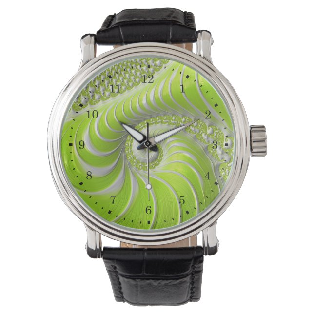 Montre Fractale en spirale vert citron abstrait (devant)