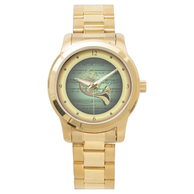 Montre French Horn ~ Sheet Music ~ Arrière - plan Vert/Or (devant)