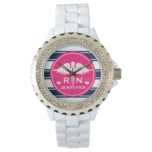 Montre Fuchsia et Navy Stripe Caduceus RN Nurse (devant)