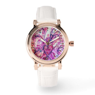 MONTRE FUCHSIA ROSE FLEURIES BLANCHES AVEC LE COEUR