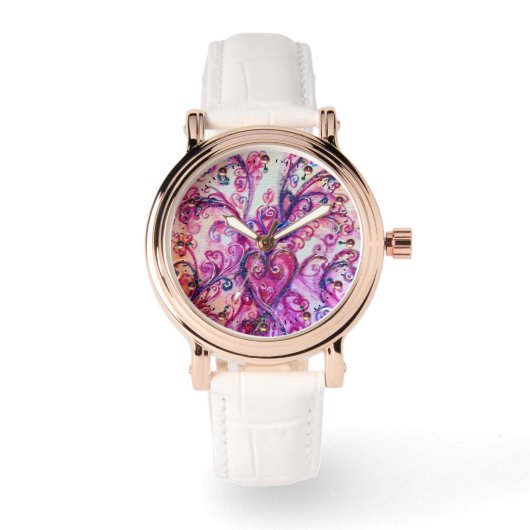 MONTRE FUCHSIA ROSE FLEURIES BLANCHES AVEC LE COEUR (Recto)