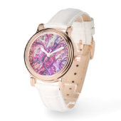 MONTRE FUCHSIA ROSE FLEURIES BLANCHES AVEC LE COEUR (Angle)