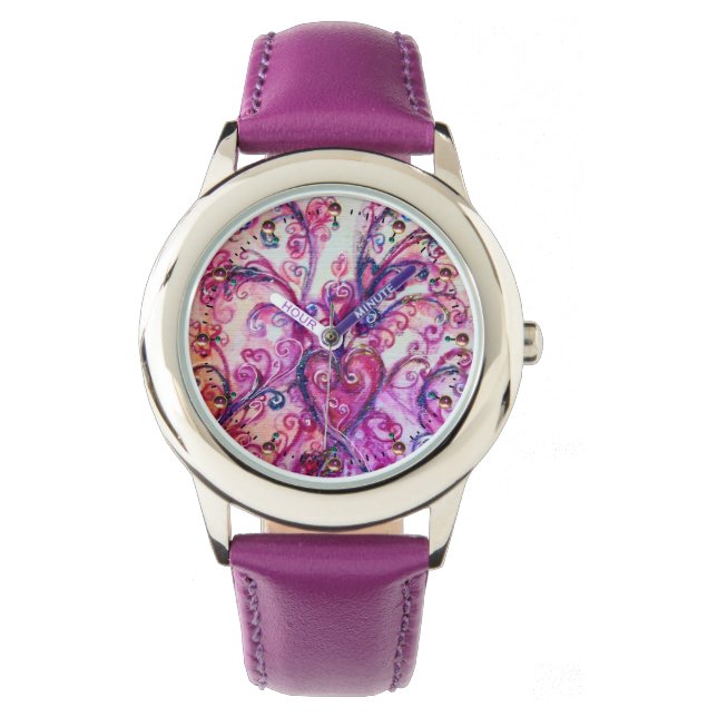 MONTRE FUCHSIA ROSE FLEURIES BLANCHES AVEC LE COEUR (devant)