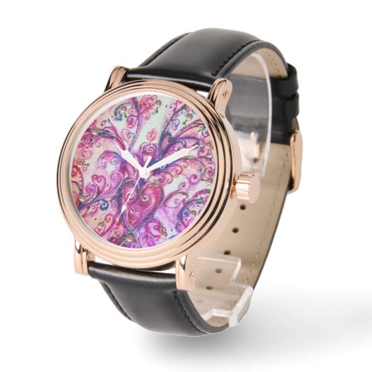 MONTRE FUCHSIA ROSE FLEURIES BLANCHES AVEC LE COEUR (Angle)