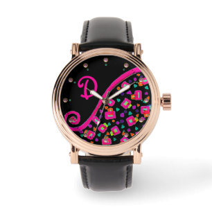 MONTRE FUCHSIE ROSE NOIR DÉCO MONOGRAM ABSTRAIT