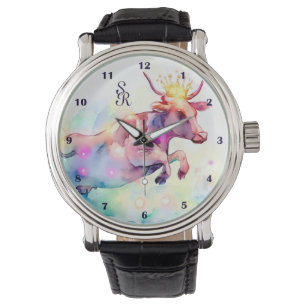 Montre Fun Cow Design Rainbow Watercolor Art Monogramme