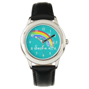 Montre Fun filles arc-en-ciel turquoise aqua nom poignet 