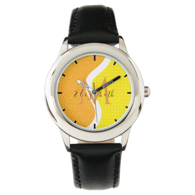 Montre Fun Tennis Ball Nom et initiale Orange Jaune Enfan (devant)