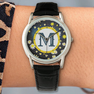 Montre Galaxy Sky Daisy Fleurs Monogramme Lettre bleu fon