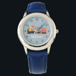 Montre Garçons Bleu Cute Train Moderne Voyage Enfants<br><div class="desc">Cette montre pour enfant mignonne et moderne présente une illustration de voyage en train et un endroit où vous pouvez ajouter le nom de votre garçon. Parfait pour tout enfant rêvant d'être conducteur de train ! Avec des chiffres clairs et un arrière - plan bleu, cette montre pompier est idéale...</div>