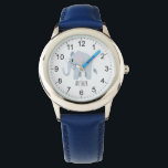 Montre Garçons Bleu Eléphant & Nom Enfants<br><div class="desc">Cette jolie montre pour enfants moderne présente un dessin animé d'éléphant bleu, et peut être personnalisée avec votre nom de garçon. Avec des chiffres clairs et faciles à lire, cette "première" montre est idéale pour les enfants ou les tout-petits qui commencent à apprendre l'heure. Le concept idéal du safari dans...</div>