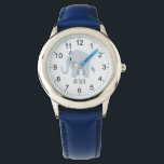Montre Garçons Bleu Eléphant & Nom Enfants<br><div class="desc">Cette jolie montre pour enfants moderne présente un dessin animé d'éléphant bleu, et peut être personnalisée avec votre nom de garçon. Avec des chiffres clairs et faciles à lire, cette "première" montre est idéale pour les enfants ou les tout-petits qui commencent à apprendre l'heure. Le concept idéal du safari dans...</div>