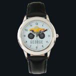 Montre Garçons Blue Monster Hot Flames Camion Enfants<br><div class="desc">La conception de la montre pour garçon cool comporte une voiture camion jaune avec roues noires et flammes chaudes, numéros, et a lieu pour vous d'ajouter votre nom d'enfant dans la simple typographie. Le cadeau monstre parfait pour tous les amateurs de voiture. Consultez le reste de notre collection pour d'autres...</div>