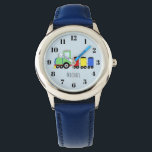 Montre Garçons Cute Blue Train avec nom Enfants<br><div class="desc">Cette jolie montre pour enfants bleus présente un dessin animé de train de locomotion à doodle dessiné à la main sur bleu,  et peut être personnalisée avec le nom de votre garçon. Parfait pour les enfants amoureux du train et du voyage !</div>