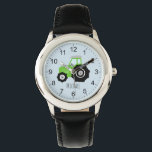 Montre Garçons Joli tracteur de ferme verte avec nom Enfa<br><div class="desc">Cette jolie montre pour enfants présente un dessin animé vert tracteur sur le bleu,  avec des chiffres clairs,  et peut être personnalisée avec le nom de votre garçon. Idéal pour une ferme et des enfants amateurs de tracteur première montre! Consultez notre magasin pour d'autres modèles mignons.</div>