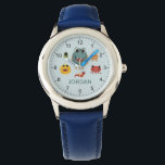 Montre Garçons mignon et Cool Monstre bleu Alien<br><div class="desc">Cette montre pour enfant mignonne et moderne présente des illustrations aliens de monstres colorées, et un endroit où vous pouvez ajouter le nom de votre garçon. Parfait pour tout enfant amoureux du monstre cool ! Avec des chiffres clairs et un arrière - plan bleu, ce design est parfait pour un...</div>