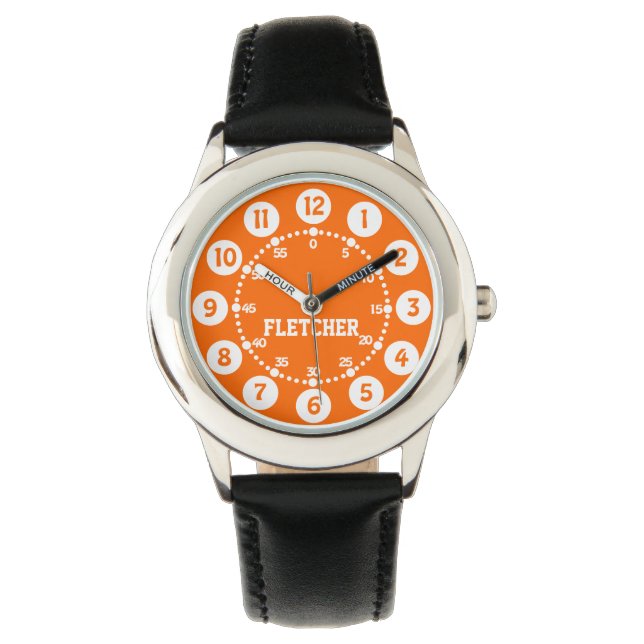 Montre Garçons noir orange et blanc nom bracelet (devant)