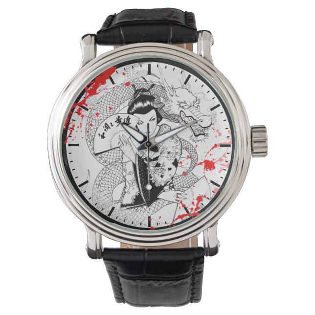 Montre geisha cool splatée de sang avec ventilateur drago (devant)