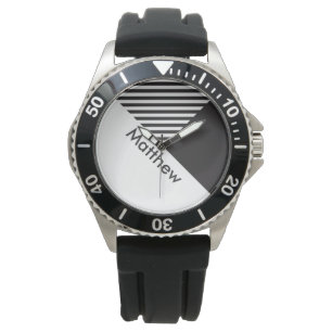 Montre Geo Abstrait Minimal Black White Stripes Nom