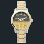 Montre Gestionnaire de retraite en or noir merci<br><div class="desc">Élégant,  classique,  glamour et féminin. Un cadeau pour un directeur à la retraite. Un arc de couleur or. Arrière - plan noir. Avec le texte : Merci,  modèles pour un nom et une profession,  profession.</div>