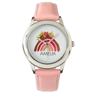 Montre Girls Cute Boho Aquarelle Arc-en-ciel et nom
