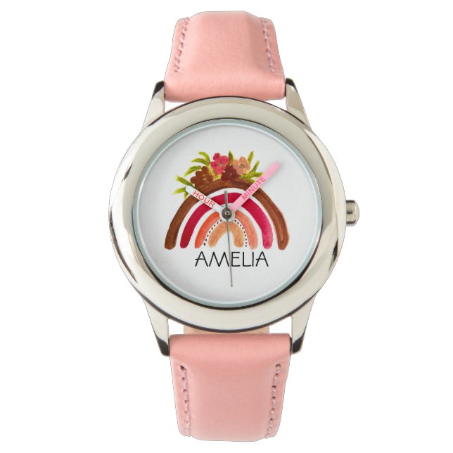 Montre Girls Cute Boho Aquarelle Arc-en-ciel et nom (devant)