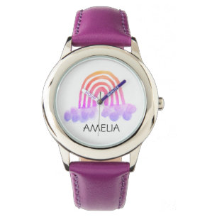 Montre Girls Cute Boho Aquarelle Arc-en-ciel et nom