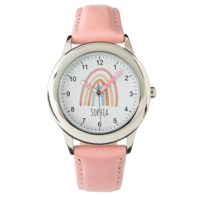 Montre Girls Cute Boho Aquarelle Arc-en-ciel et nom (devant)