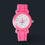Montre Girls Pink Princess Castle et Crown Kids<br><div class="desc">Cet adorable enfant montre design dispose d'un château de princesse rose, couronne, étoiles, coeurs et fleurs, et peut être personnalisée avec votre nom de fille. Le cadeau magique rose parfait pour votre prince ou votre enfant amoureux de princesse!</div>