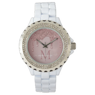 Montre Girly Rose Gold Sparkle Glitter Drips monogram
