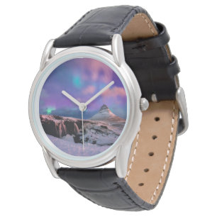 Montre Glace et neige Lumières du Nord, montagne Kirkju