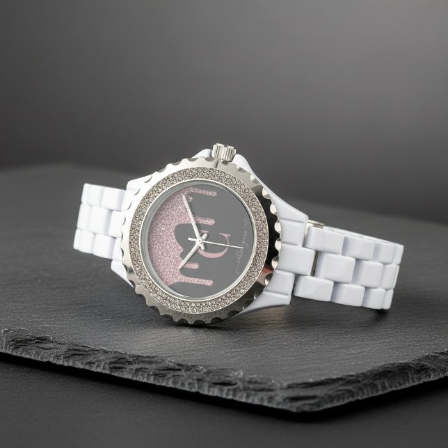 Montre Glam Black Rose Gold Parties scintillant Drives Mo (Glam Black Rose Gold Glitter Drips Monogram Watch)