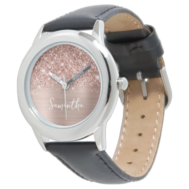 Montre Glitter Rose Gold Glam Nom blanc (Incliné)