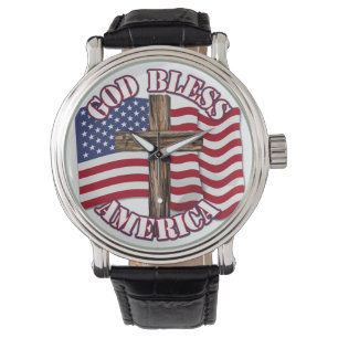 Montre God Bless American with USA Flag & Cross