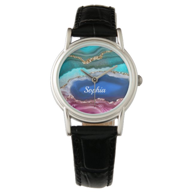 Montre Gold Blue & Turquoise Agate, Nom ou votre Art/Phot (devant)