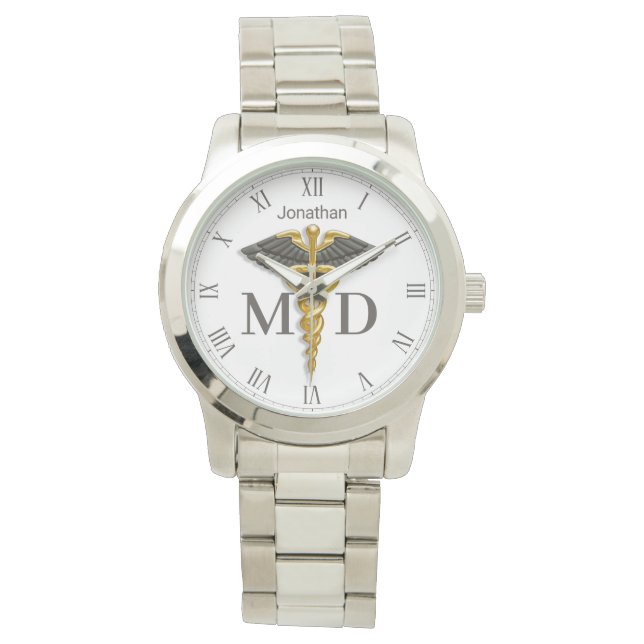 Montre Gold Caduceus Black Wings Nom Docteur Médicale MD (devant)