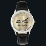 Montre Gold Glitter Sparkle Eyelashes Monogram<br><div class="desc">Gold Faux Foil Metallic Sparkle Parties scintillant brossé Monogramme en métal Nom et cils initiaux (Lashes), Extensions Eyelash et Montre de maquillage des yeux. Cela rend le cadeau parfait pour 16 ans, mariage, douche nuptiale, anniversaire, baby shower ou bachelorette cadeau pour quelqu'un décorant sa chambre dans le style cool de...</div>