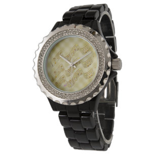 Montre Golden Music Notes Black Rhinestone Watch