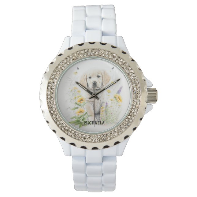 Montre Golden Retriever Puppy et fleurons nom monogramme (devant)