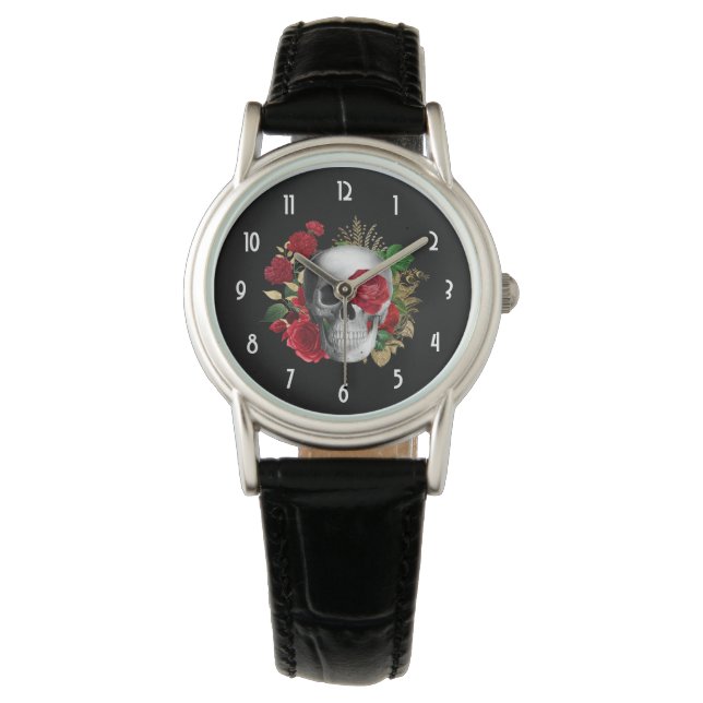Montre Goth Crâne avec Fleurs rouges et Feuilles d'or (devant)