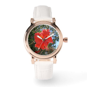 Montre "Grâce cramoisie : Fleur d'Hibiscus rouge en fleur