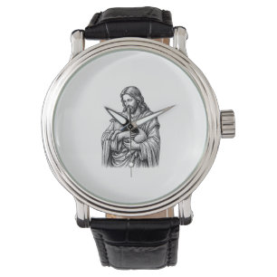 Montre Gravure Vintage Berger Tenant un Agneau Vecteur De