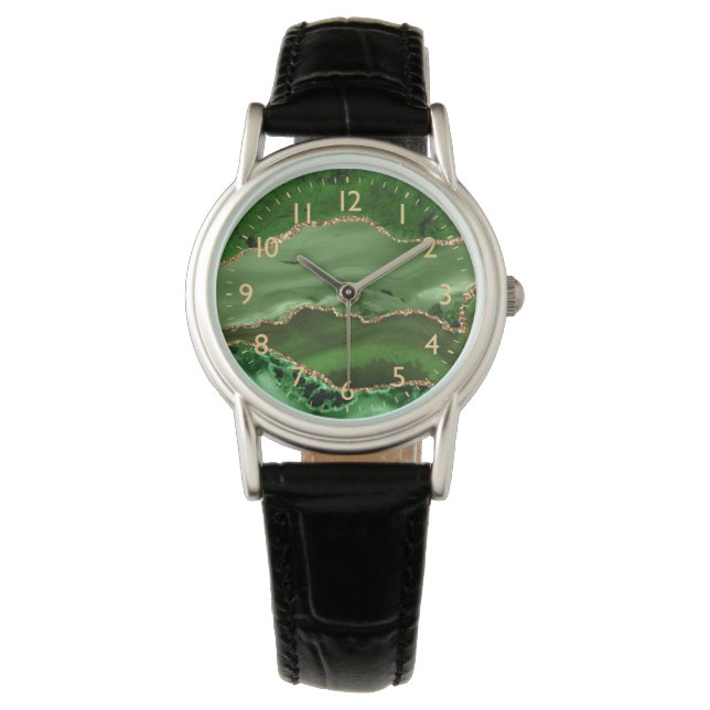 Montre Green and Faux Gold Glitter Marble Agate (devant)