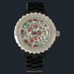 Montre Grenades et papillons Bella sur blanc<br><div class="desc">Des branches de grenade aux feuilles luxuriants et aux fruits rouges riches s'étendent sur un arrière - plan noir. Un calque secondaire s'estompe subtilement,  ajoutant de la profondeur. Traditionnellement peints sur du papier avec des marqueurs,  les éléments sont scannés et composés en motif dans Photoshop.</div>